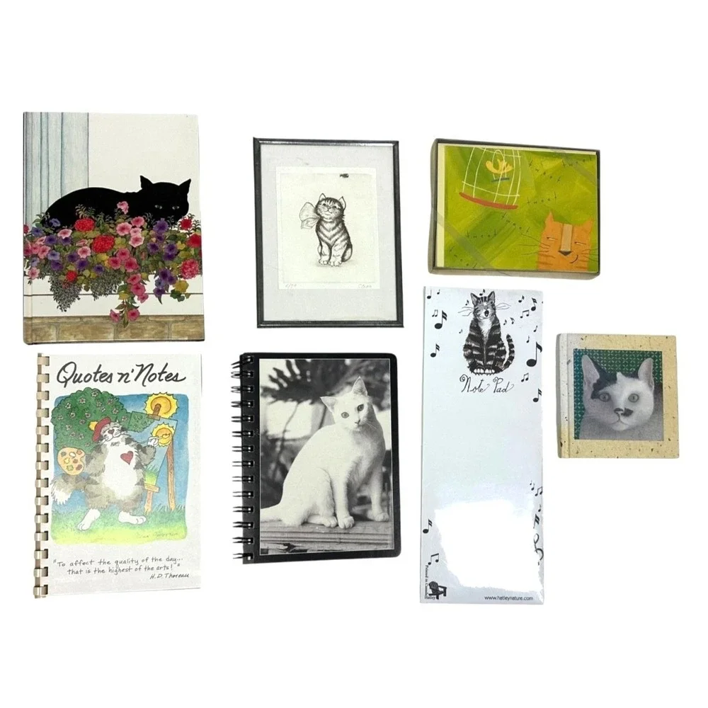 Lot of 7 Cat Themed Note Pad, Note Books , Note Cards, Framed Little Picture